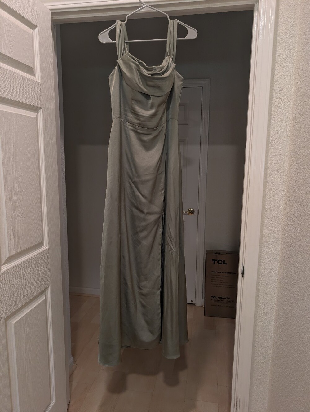 Sage Green Cowl Neck Bridesmaid Dress